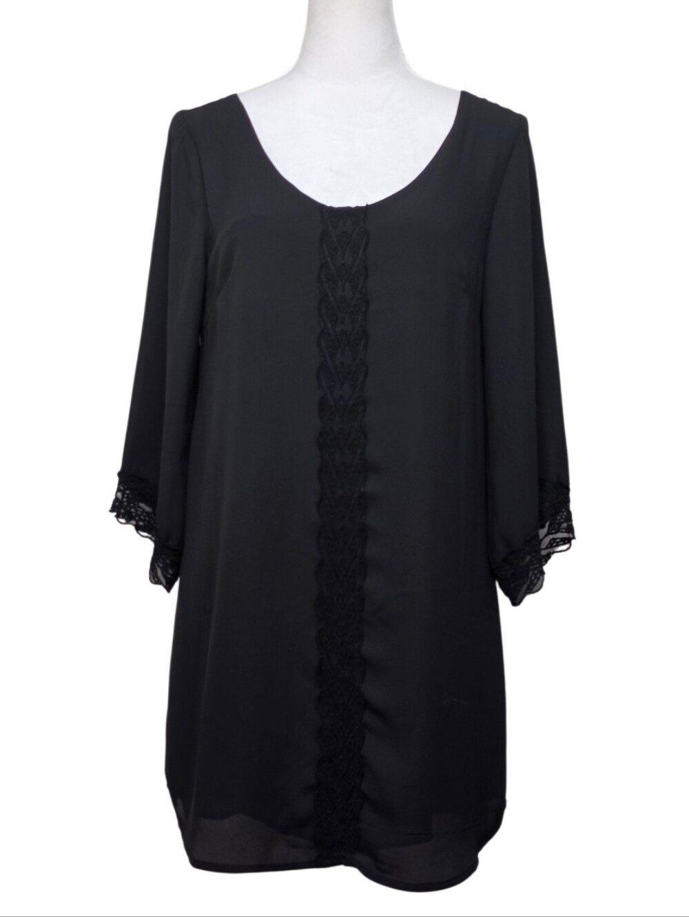 Astr Black Bohemian Shift Mini Dress with Lace Trim